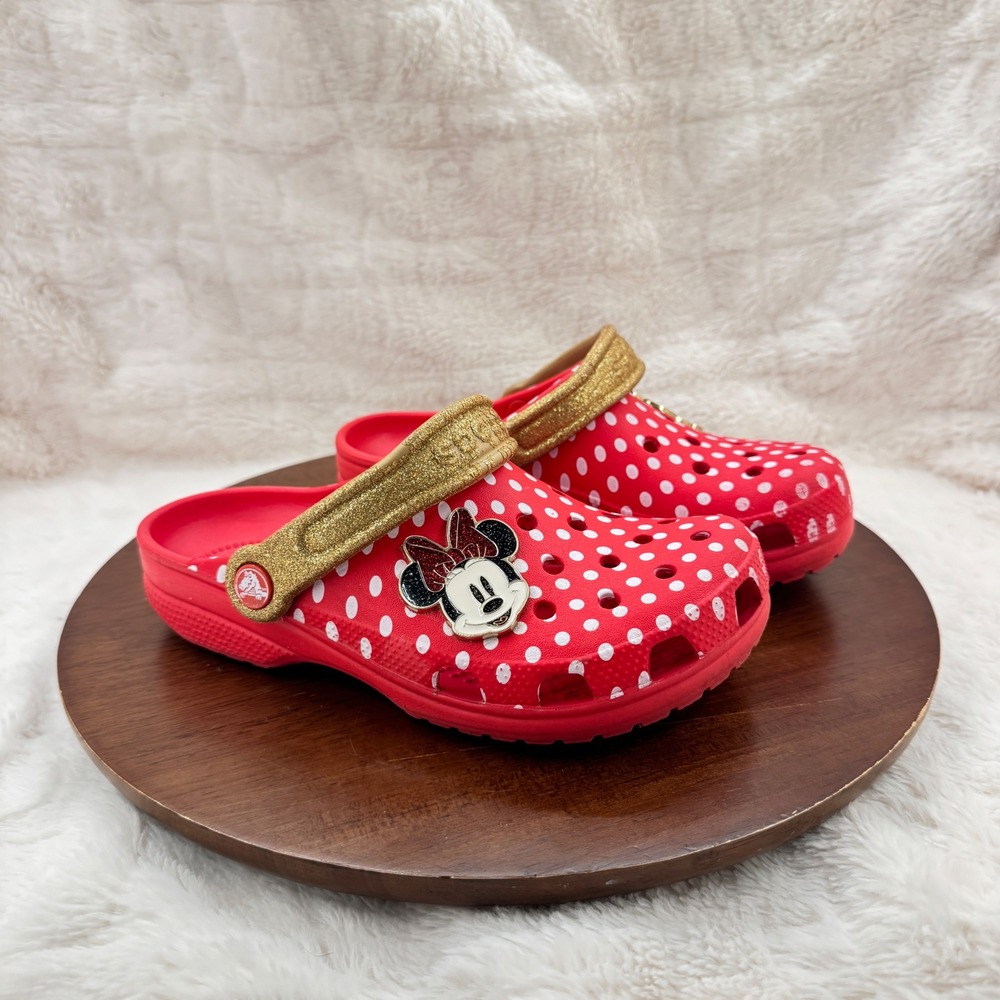 Disney Minnie Mouse Crocs Red Polka Dot Gold Glitter Clogs M4 W6
